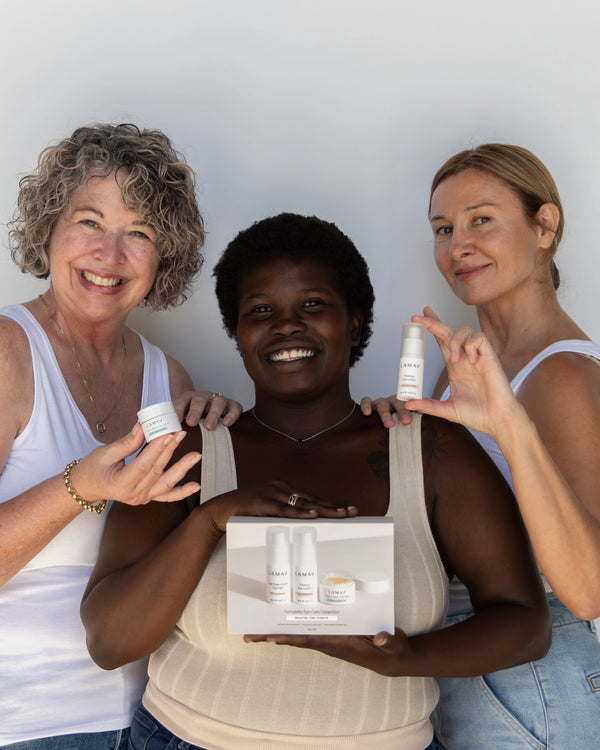 Complete Eye Care Collection by LAMAV — three smiling women holding the eye care products and gift box | Visible age-defence