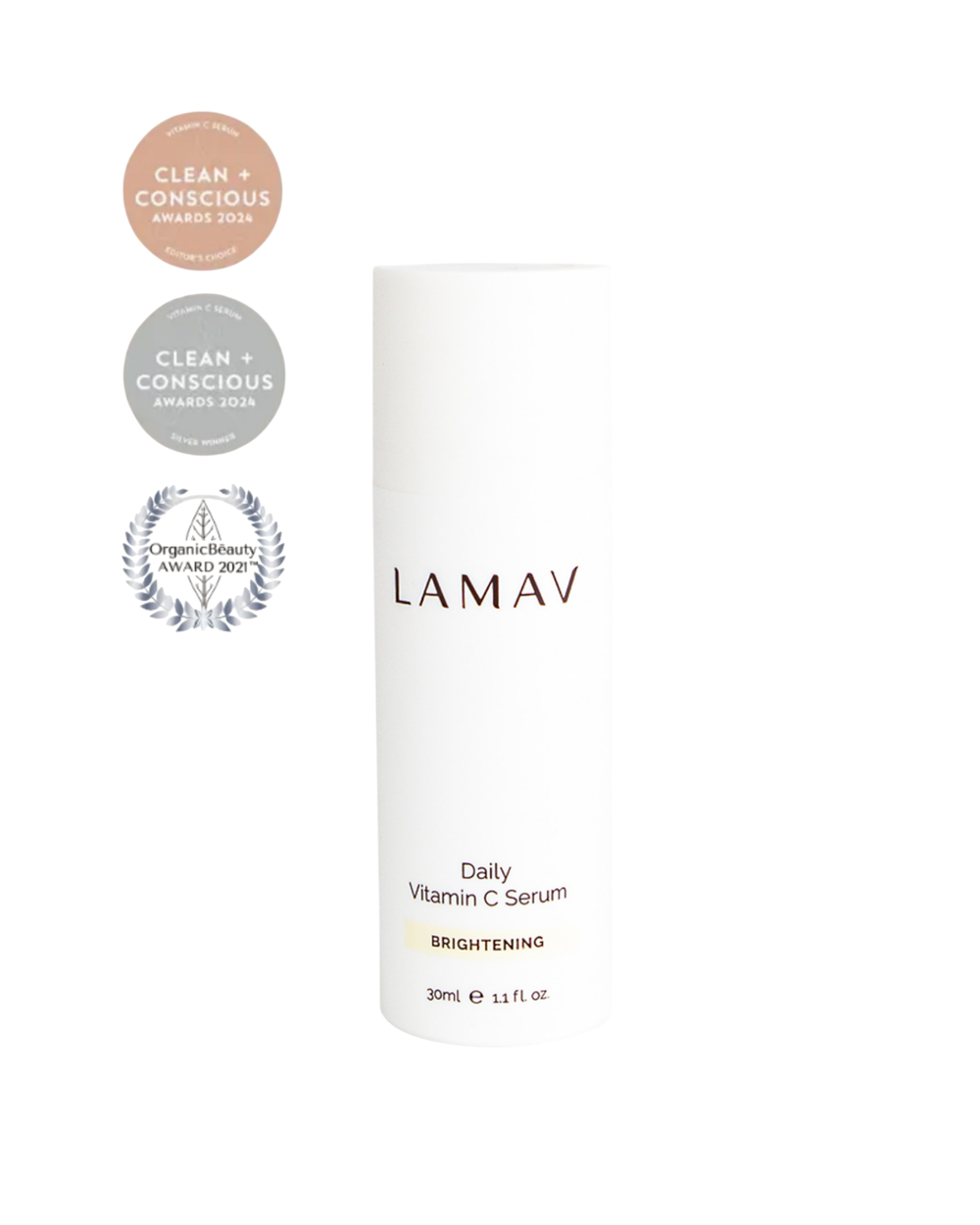 Daily Vitamin C Serum by LAMAV — white bottle with three beauty award badges | brightens and evens skin tone