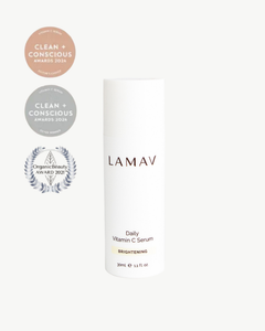 Daily Vitamin C Serum by LAMAV — white bottle with three beauty award badges | brightens and evens skin tone
