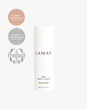 Daily Vitamin C Serum by LAMAV — white bottle with three beauty award badges | brightens and evens skin tone