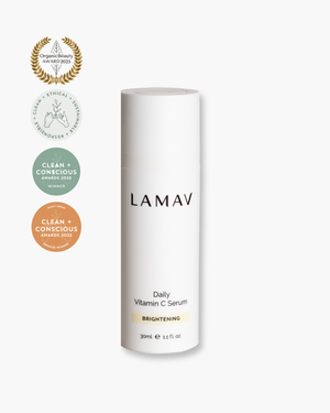 Daily Vitamin C Serum by LAMAV — white bottle with three beauty award badges | brightens and evens skin tone