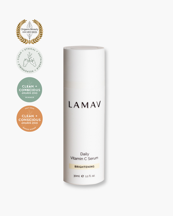 Daily Vitamin C Serum by LAMAV — white bottle with three beauty award badges | brightens and evens skin tone
