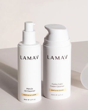 Double Cleansing Duo by LAMAV — oil and cream cleanser bottles standing side-by-side | Purify and calm skin