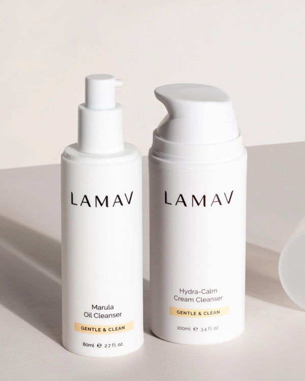 Double Cleansing Duo by LAMAV — oil and cream cleanser bottles standing side-by-side | Purify and calm skin