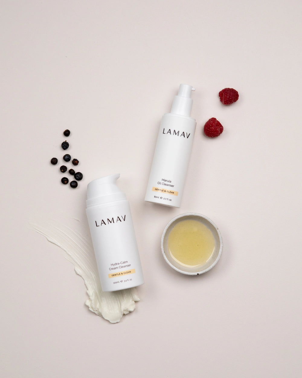 Double Cleansing Duo I by LAMAV — two white pump cleanser bottles standing side-by-side | gently cleanses and calms skin