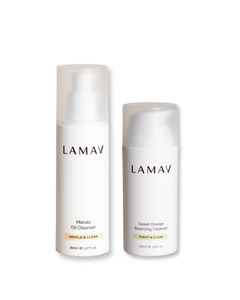 Double Cleansing Duo II by LAMAV — two white cleanser bottles standing side-by-side | deeply purifies and cleanses skin