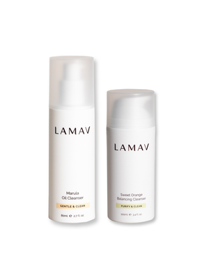 Double Cleansing Duo II by LAMAV — two white cleanser bottles standing side-by-side | deeply purifies and cleanses skin