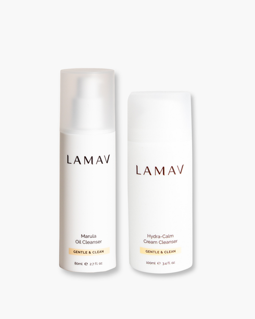 Double Cleansing Duo I by LAMAV — two white pump cleanser bottles standing side-by-side | gently cleanses and calms skin