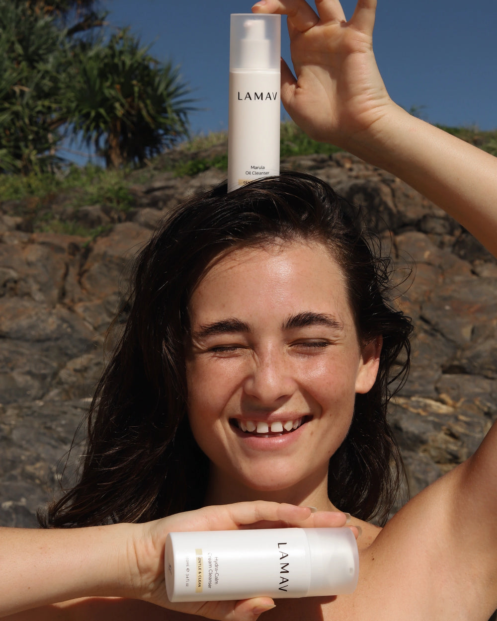 Double Cleansing Duo I by LAMAV — two white pump cleanser bottles standing side-by-side | gently cleanses and calms skin
