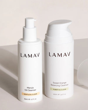 Double Cleansing Duo II by LAMAV — oil and balancing cleanser bottles standing side by side | Essential daily double cleanse