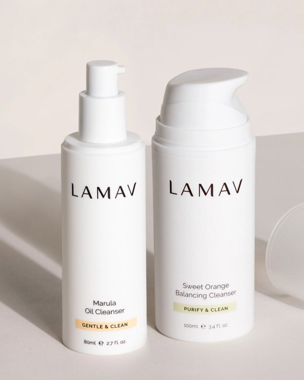 Double Cleansing Duo II by LAMAV — oil and balancing cleanser bottles standing side by side | Essential daily double cleanse