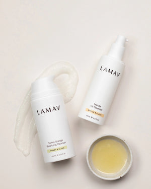 Double Cleansing Duo II by LAMAV — cleanser bottles next to a gel smear and bowl of oil | Deeply cleanses and purifies