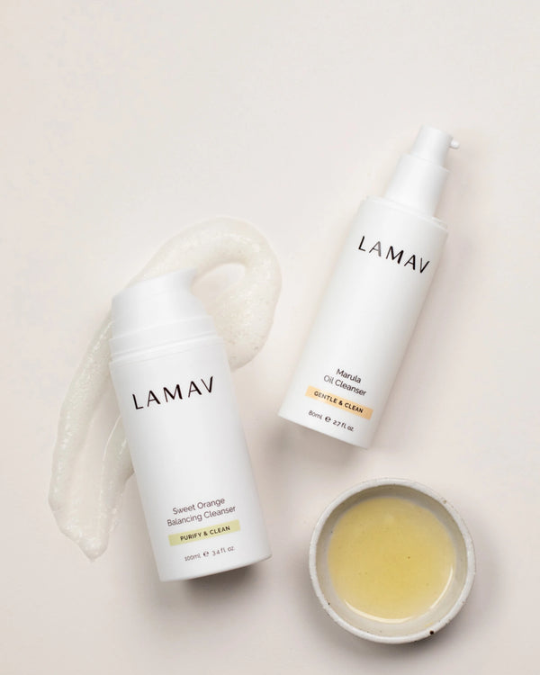Double Cleansing Duo II by LAMAV — cleanser bottles next to a gel smear and bowl of oil | Deeply cleanses and purifies