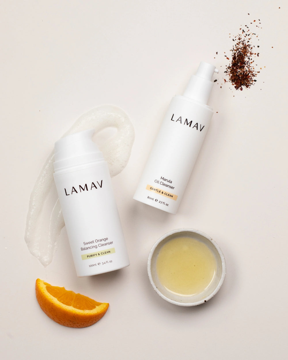 Double Cleansing Duo II by LAMAV — two white cleanser bottles standing side-by-side | deeply purifies and cleanses skin
