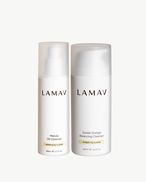 Double Cleansing Duo II by LAMAV — two white cleanser bottles standing side-by-side | deeply purifies and cleanses skin