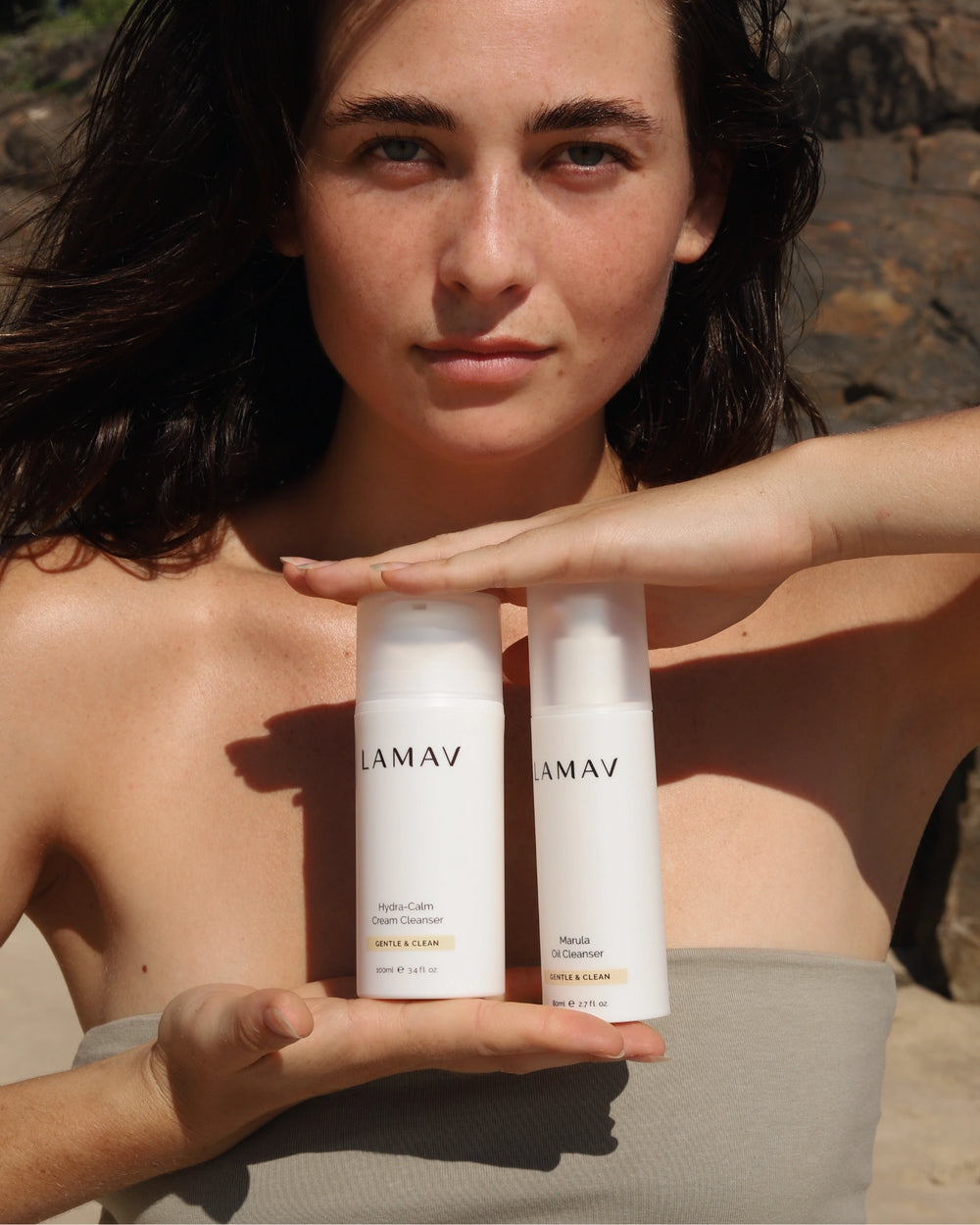 Double Cleansing Duo I by LAMAV — two white pump cleanser bottles standing side-by-side | gently cleanses and calms skin