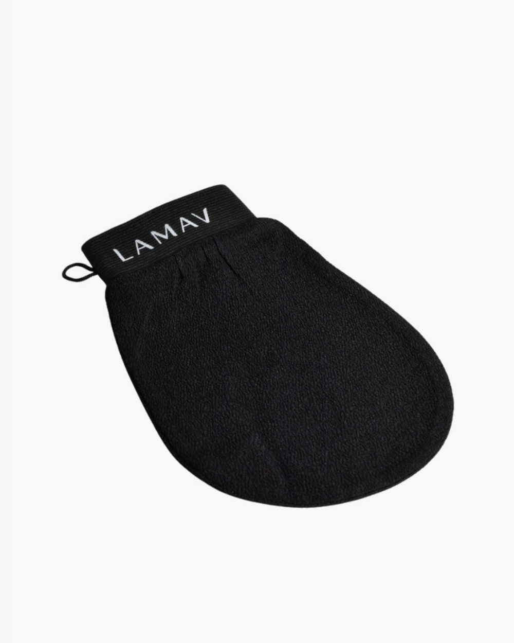 Exfoliating Mitt by LAMAV — black textured mitt isolated on a white background, front view | preps skin for self-tanning