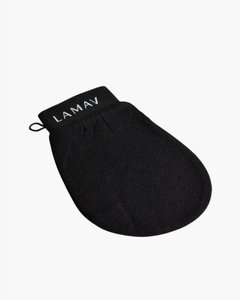 Exfoliating Mitt by LAMAV — black textured mitt isolated on a white background, front view | preps skin for self-tanning