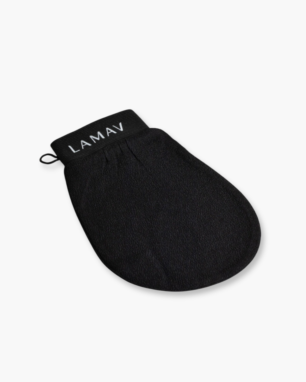Exfoliating Mitt by LAMAV — black textured mitt isolated on a white background, front view | preps skin for self-tanning