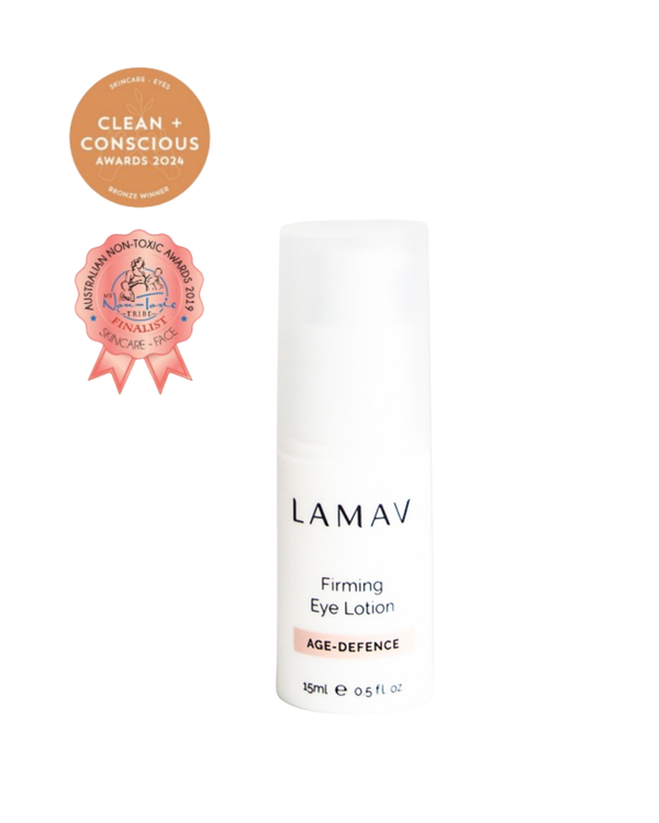 Firming Eye Lotion by LAMAV — white bottle with clean and non-toxic award badges | tightens and lifts eye area
