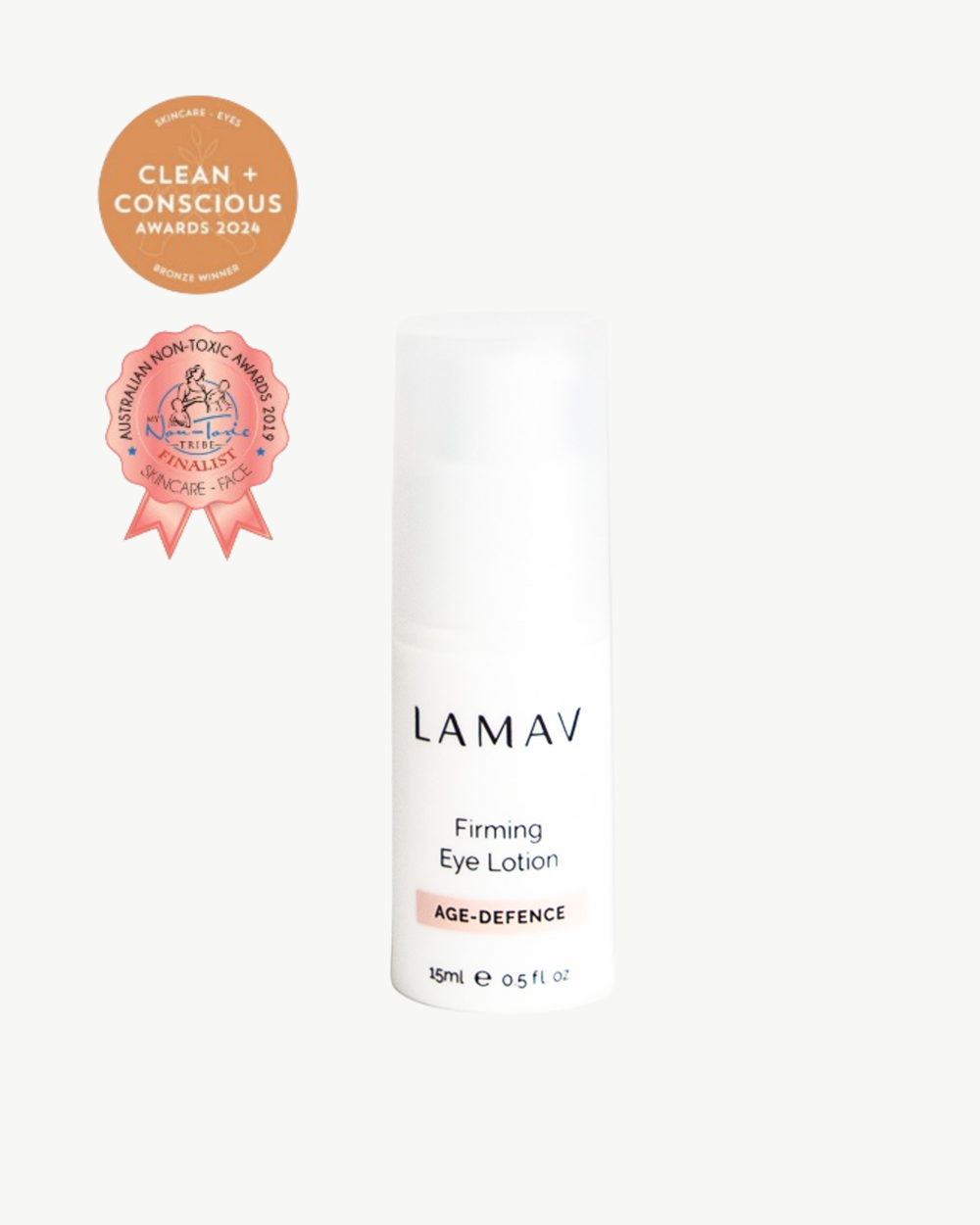 Firming Eye Lotion by LAMAV — white bottle with clean and non-toxic award badges | tightens and lifts eye area