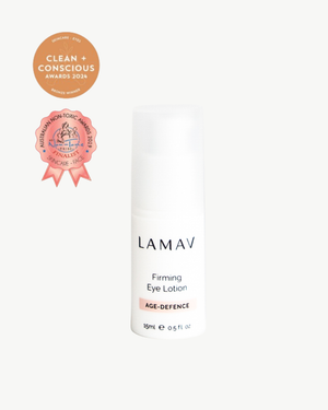 Firming Eye Lotion by LAMAV — white bottle with clean and non-toxic award badges | tightens and lifts eye area