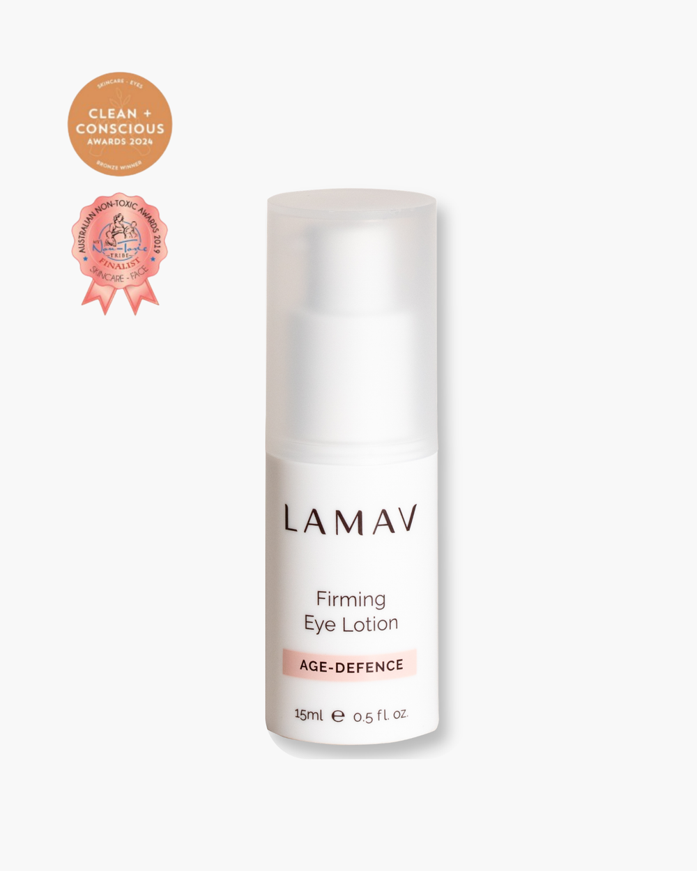 Firming Eye Lotion by LAMAV — white bottle with clean and non-toxic award badges | tightens and lifts eye area