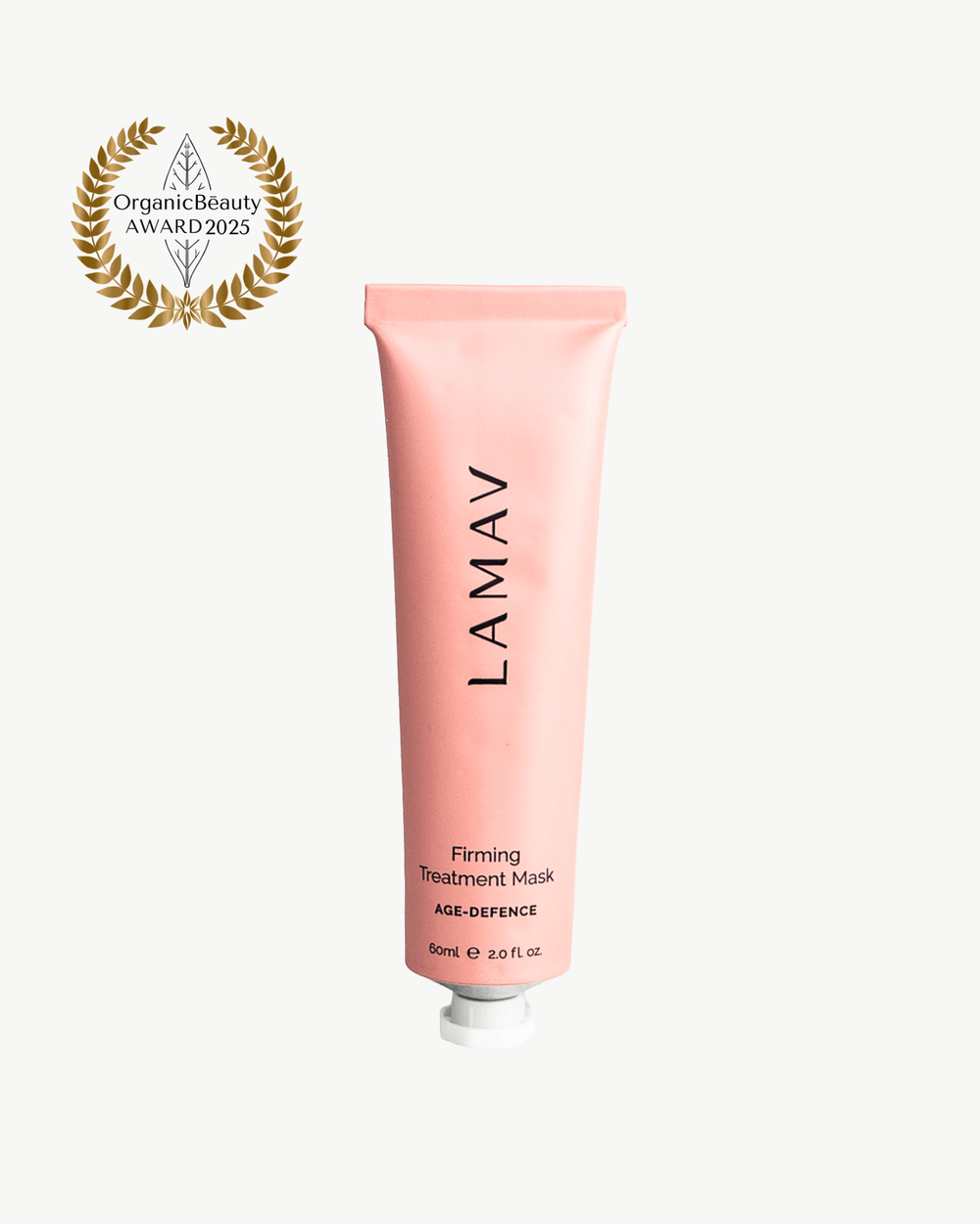 Firming Treatment Mask by LAMAV — pink tube with an organic beauty award badge | organic age defence formulation
