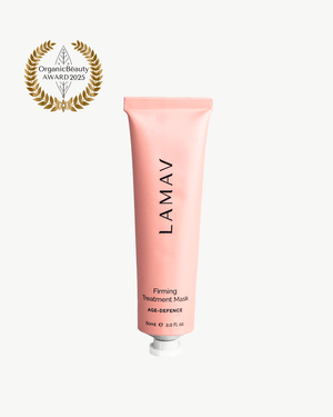 Firming Treatment Mask by LAMAV — pink tube with an organic beauty award badge | organic age defence formulation