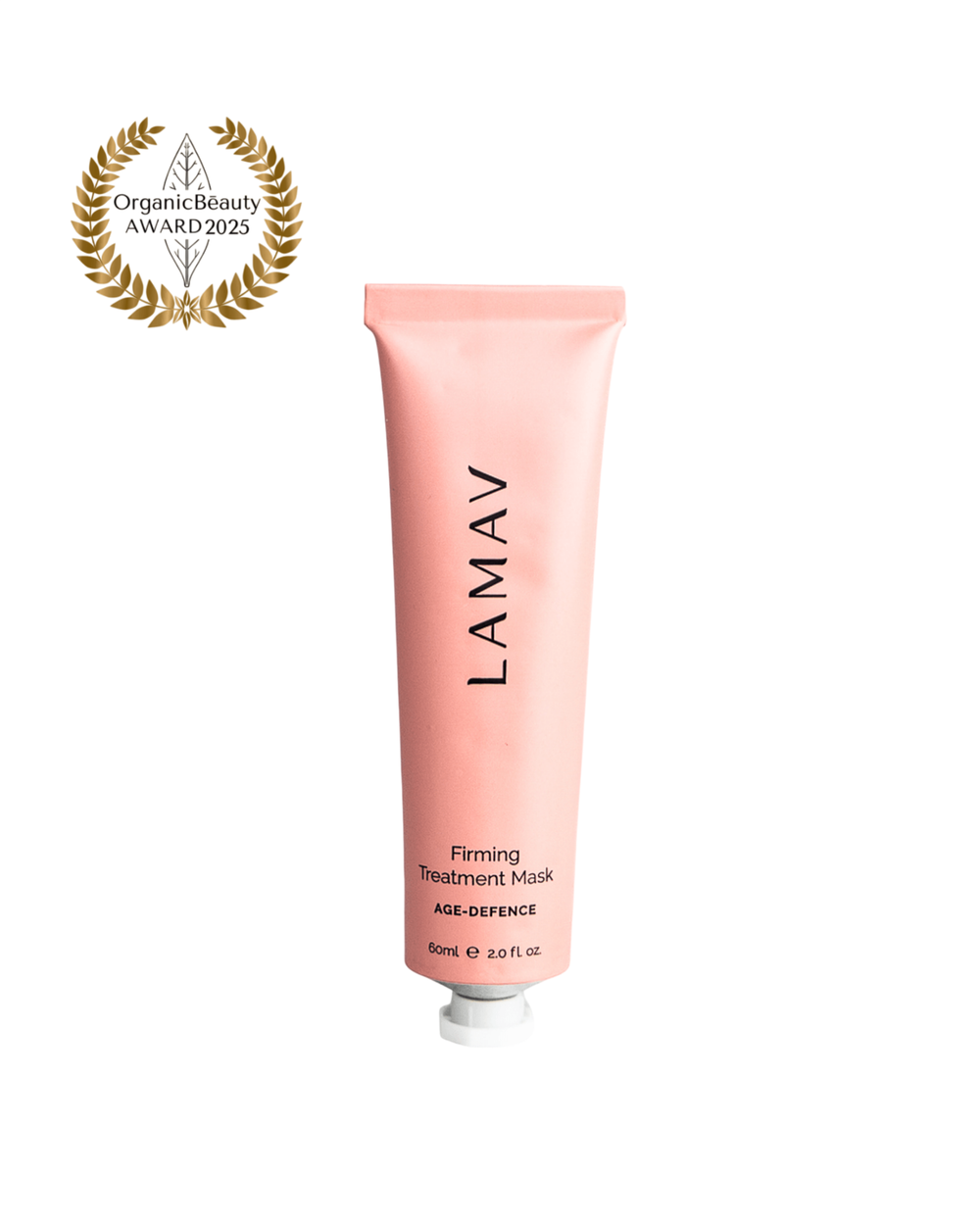 Firming Treatment Mask by LAMAV — pink tube with an organic beauty award badge | organic age defence formulation