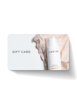 Gift Card by LAMAV — white card featuring hydra-calm cream cleanser and fabric | give the perfect organic skincare gift