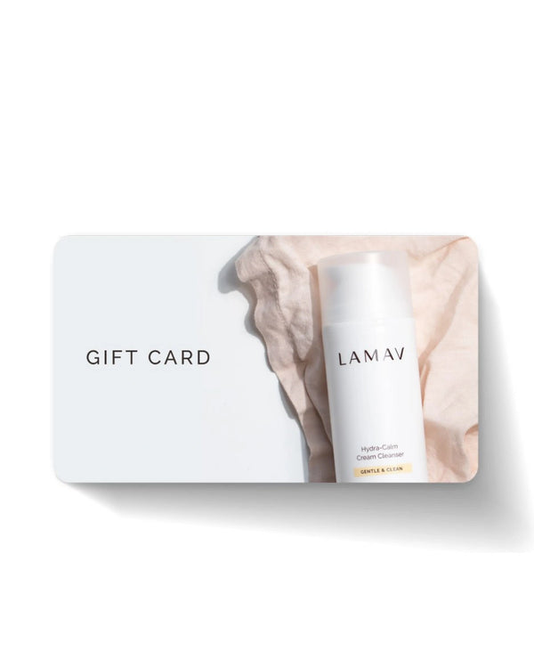 Gift Card by LAMAV — white card featuring hydra-calm cream cleanser and fabric | give the perfect organic skincare gift