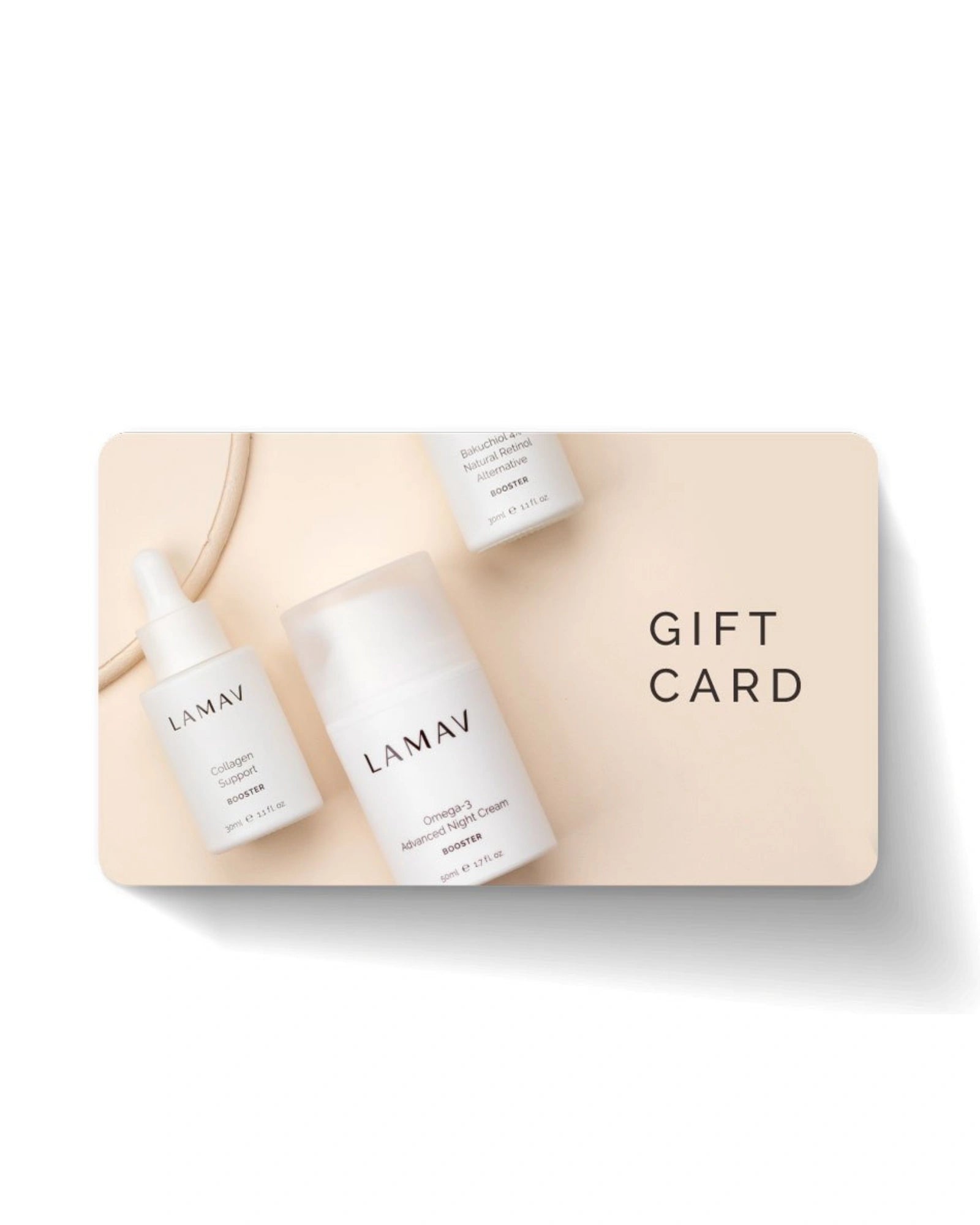 Gift Card by LAMAV — card displaying three skincare bottles on beige background | the ideal customizable beauty present