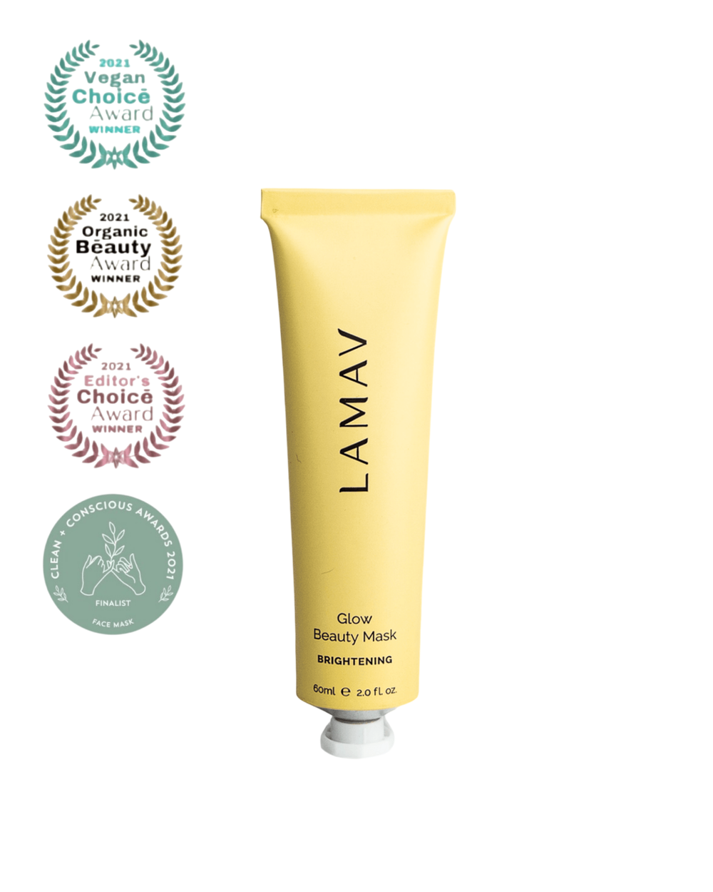 Glow Beauty Mask by LAMAV — yellow tube with four organic beauty award badges | award-winning organic brightening