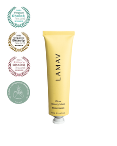 Glow Beauty Mask by LAMAV — yellow tube with four organic beauty award badges | award-winning organic brightening