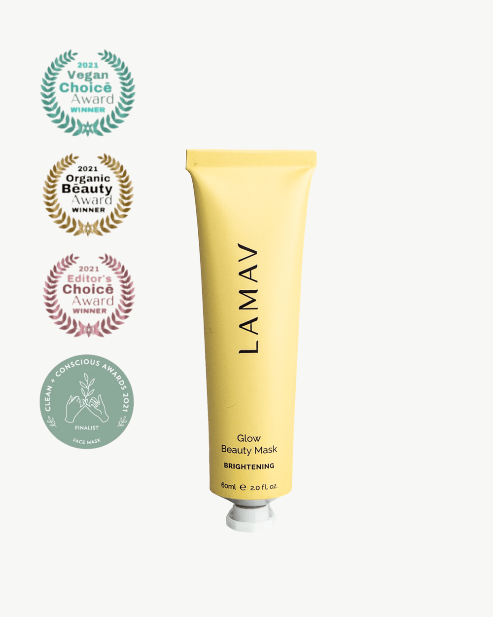 Glow Beauty Mask by LAMAV — yellow tube with four organic beauty award badges | award-winning organic brightening
