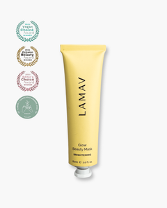 Glow Beauty Mask by LAMAV — yellow tube with four organic beauty award badges | award-winning organic brightening