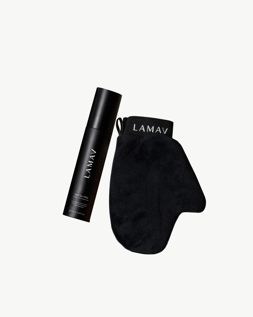 Glow on the Go by LAMAV — self-tanning mist bottle and black application mitt, front view | streak-free golden tan kit