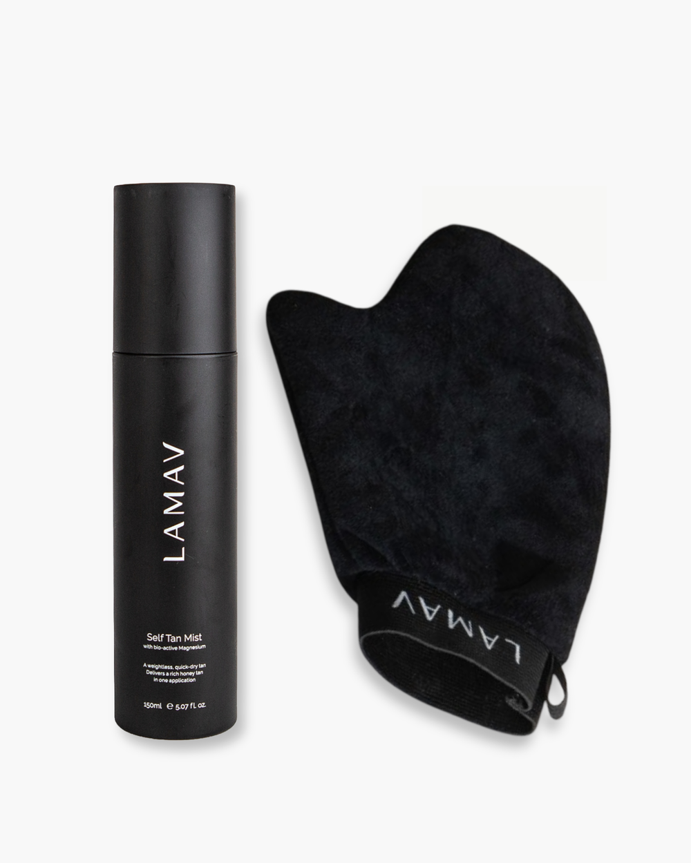 Glow on the Go by LAMAV — self-tanning mist bottle and black application mitt, front view | streak-free golden tan kit