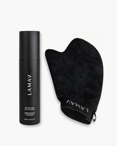 Glow on the Go by LAMAV — self-tanning mist bottle and black application mitt, front view | streak-free golden tan kit