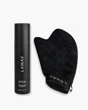 Glow on the Go by LAMAV — self-tanning mist bottle and black application mitt, front view | streak-free golden tan kit