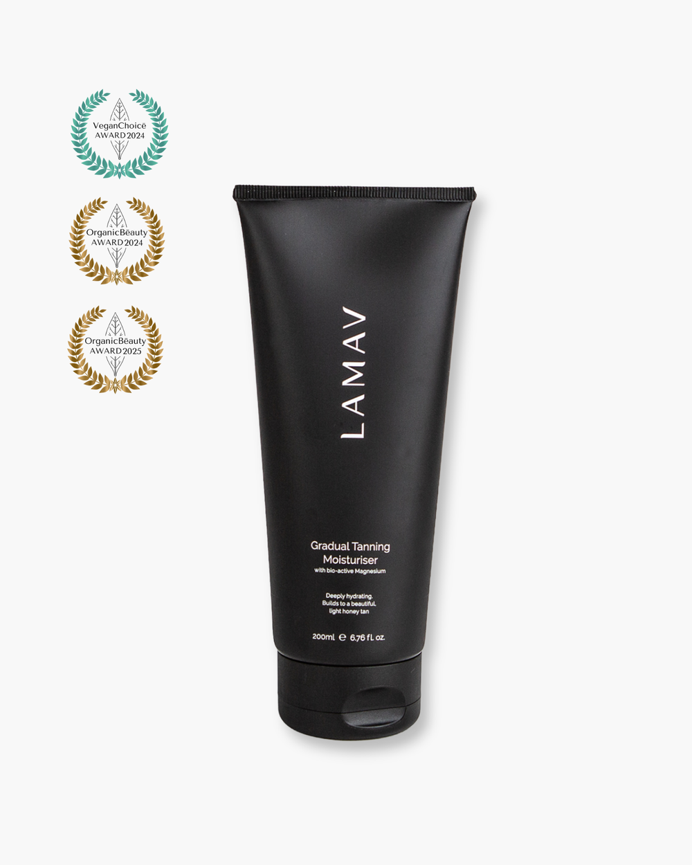 Gradual Tanning Moisturiser Light by LAMAV — 200ml black tube beside multiple beauty awards | builds a natural honey tan