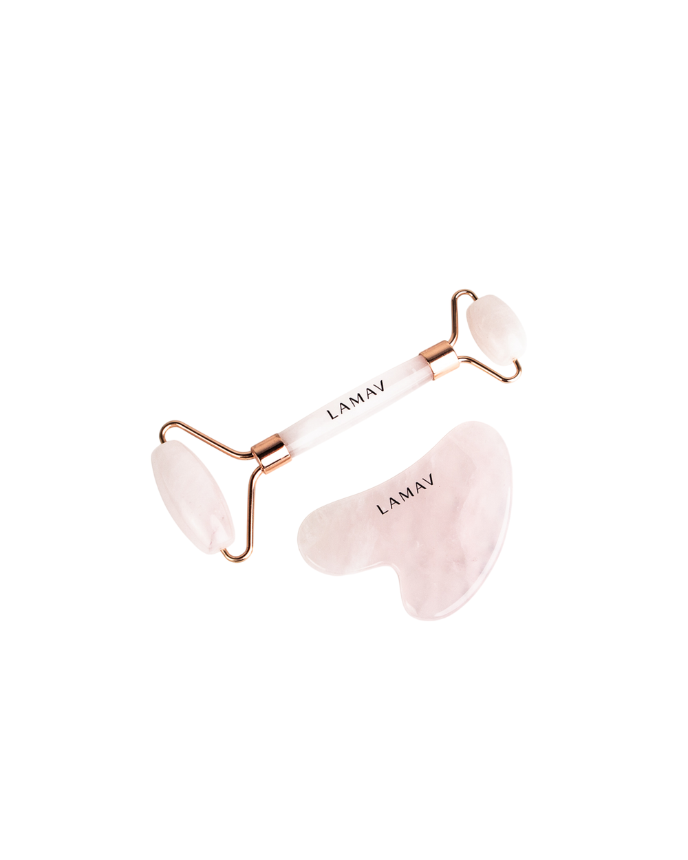 Gua Sha and Roller by LAMAV — rose quartz tools with winner badges | award-winning beauty tools