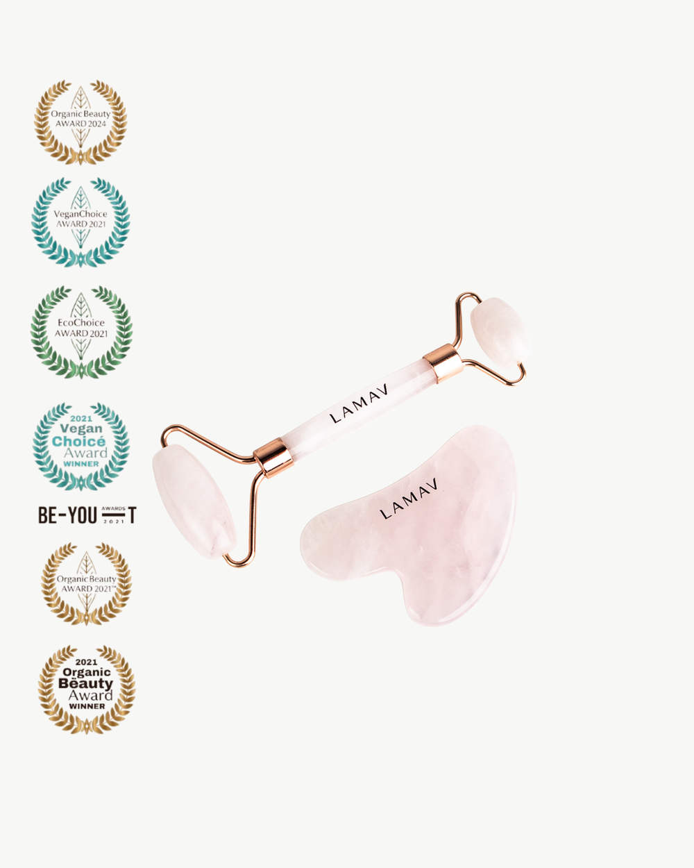 Gua Sha and Roller by LAMAV — rose quartz tools with winner badges | award-winning beauty tools