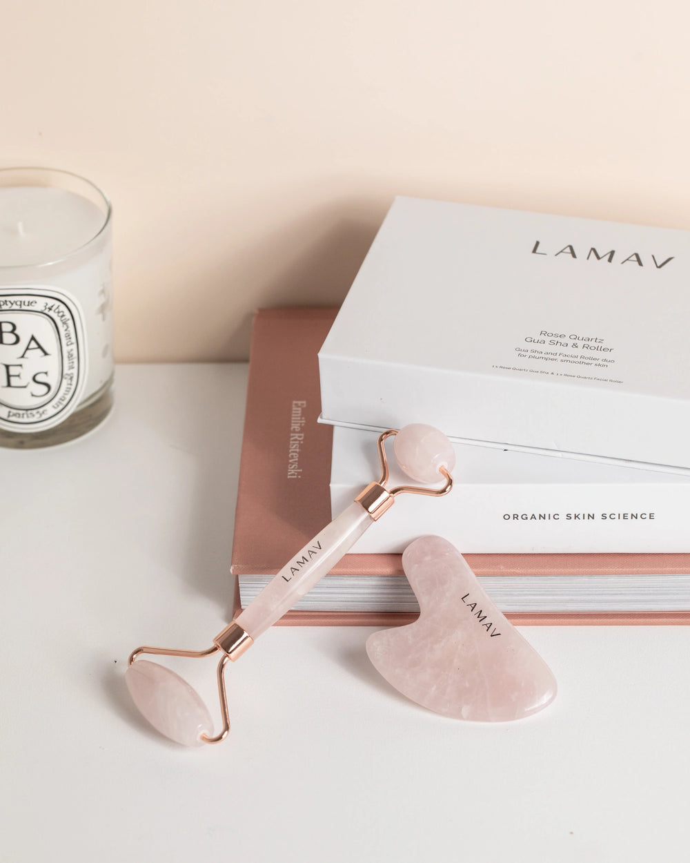 Gua Sha and Roller by LAMAV — rose quartz tools with winner badges | award-winning beauty tools