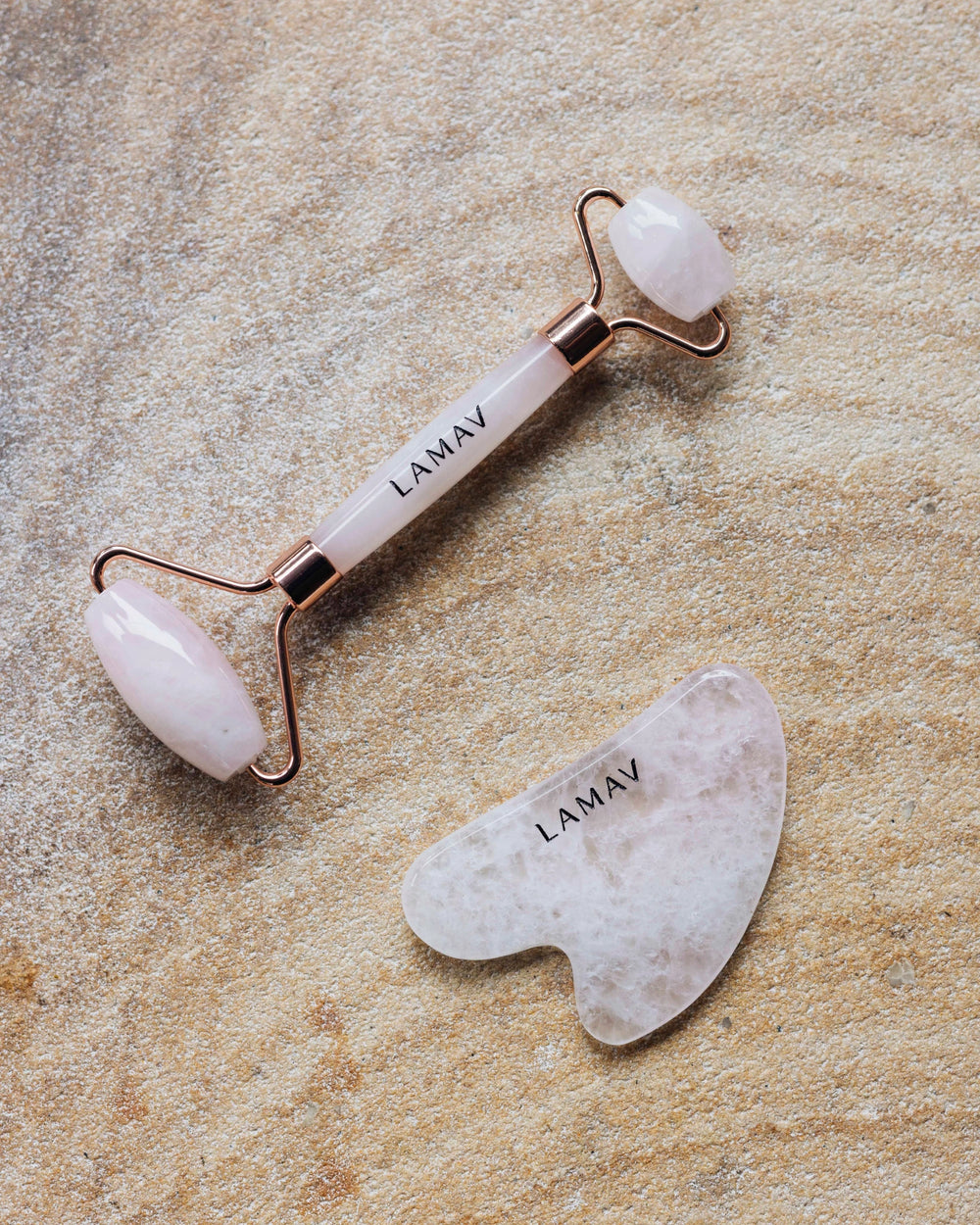 Gua Sha and Roller by LAMAV — rose quartz tools with winner badges | award-winning beauty tools