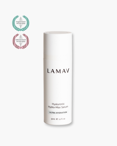 Hyaluronic Hydra-Max Serum by LAMAV — bottle next to 2024 Vegan and Editors Choice awards | Award-winning hydration