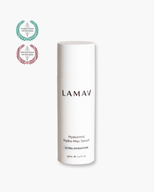 Hyaluronic Hydra-Max Serum by LAMAV — bottle next to 2024 Vegan and Editors Choice awards | Award-winning hydration