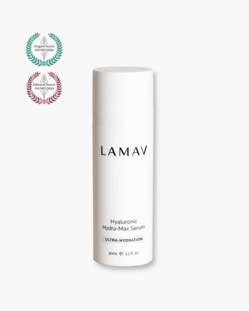 Hyaluronic Hydra-Max Serum by LAMAV — bottle next to 2024 Vegan and Editors Choice awards | Award-winning hydration