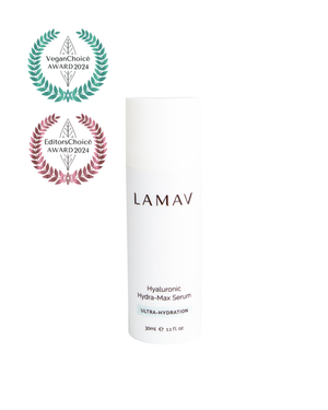 Hyaluronic Hydra-Max Serum by LAMAV — bottle next to 2024 Vegan and Editors Choice awards | Award-winning hydration